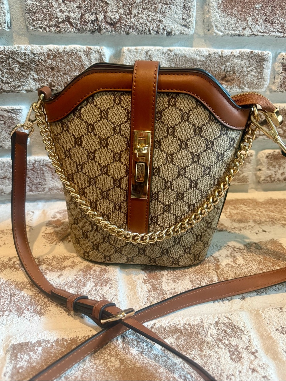 Designer Inspired Beige Monogram Bucket Crossbody w/ Brown Leather & Gold Chain